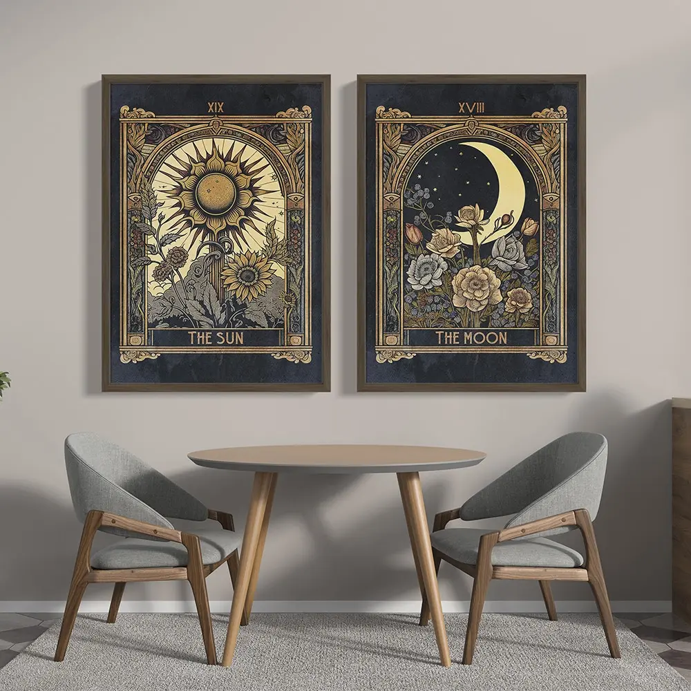 Boho Style Black The Sun Moon Tarot Card Witchy Poster Canvas Painting Abstract Flower Mystical Wall Art Picture Bedroom Decor