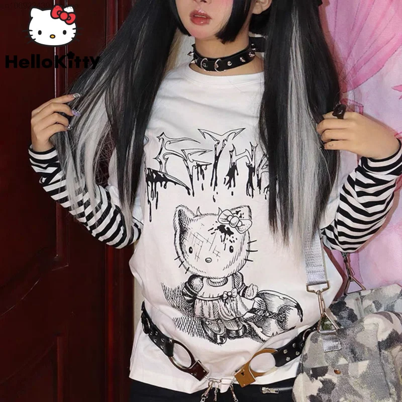 Sanrio Hello Kitty Y 2k Harajuku Stripe T-shirt Women's New Fake Two Piece Black White Long Sleeve Top 90s Vintage Gothic Shirts