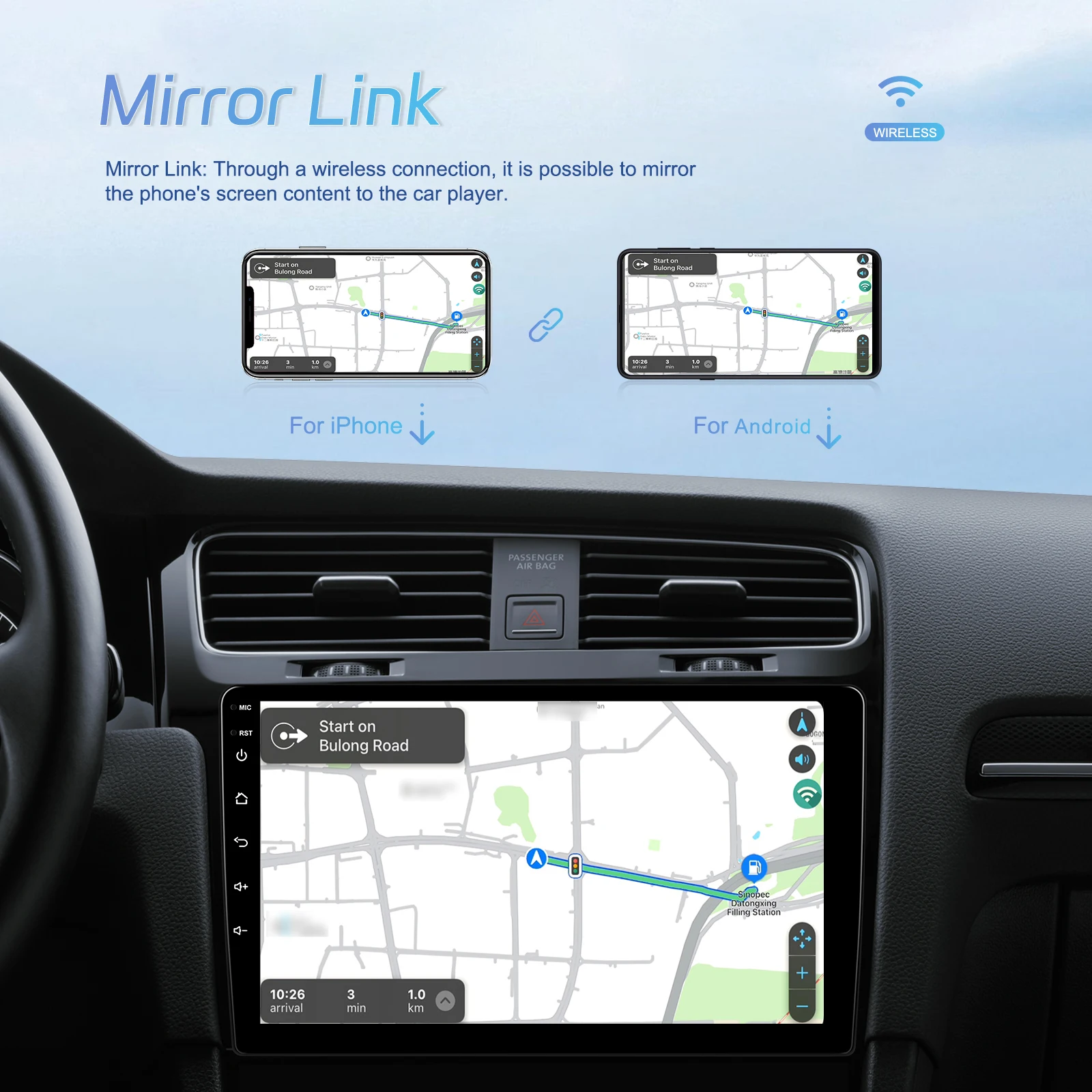 Autoradio Android Podofo con schermo touchscreen IPS HD da 10 pollici, processore Qualcomm a 8 core, 4 GB di RAM e 64 GB di memoria, navigazione GPS, WiFi, Bluetooth, DSP, FM, USB e lettore