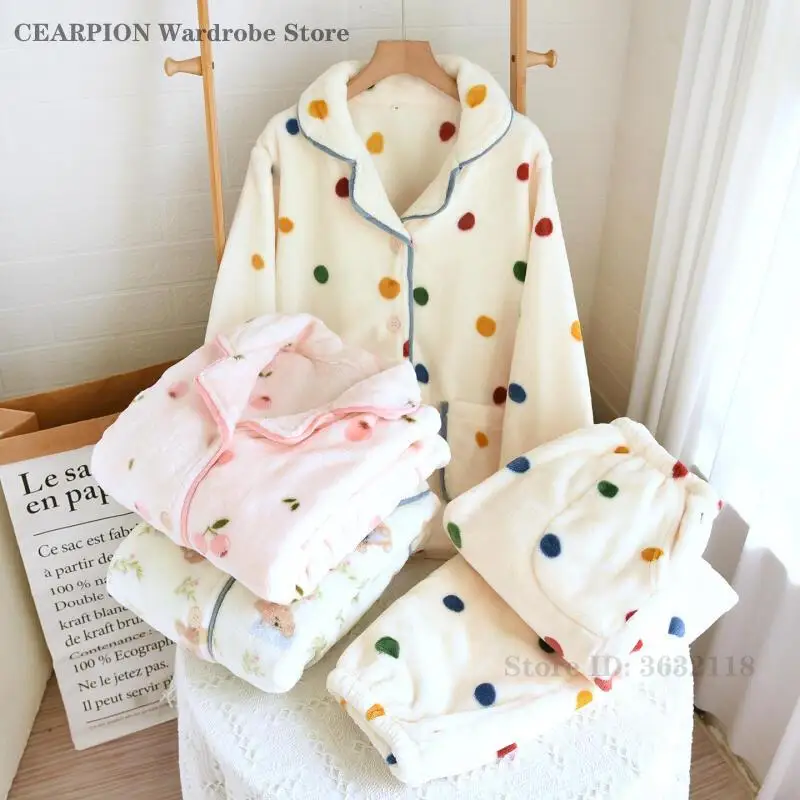 

Милый милый пижамный комплект из кораллового флиса, свободная повседневная домашняя одежда, зимняя толстая теплая одежда для сна с принтом, фланелевая одежда для дома, Pijama Mujer