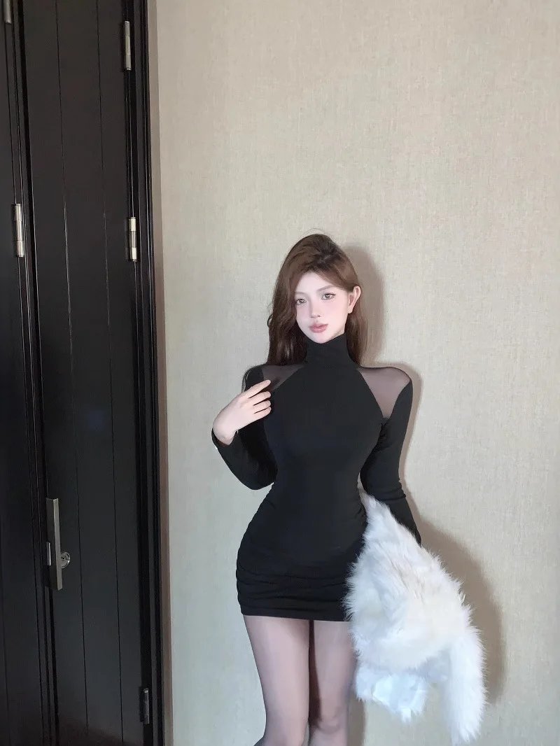 เวอร์ชั่นเกาหลีคอสูงแขนยาวชุดผู้หญิง Cinching เอวห่อสะโพก Hollow OUT SHEER ชุดเดรสสั้น