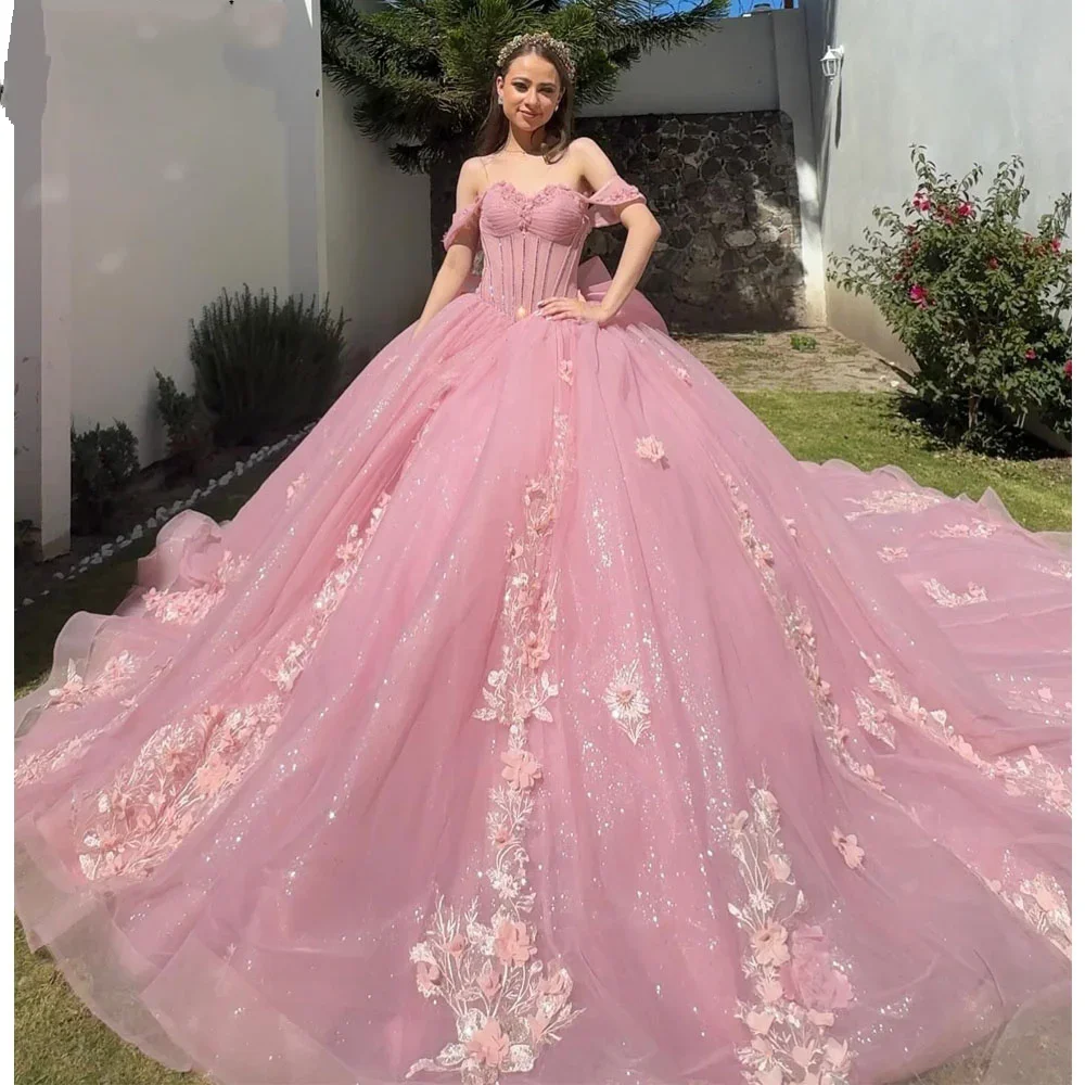 فساتين Angelsbridep الفاخرة المخصصة باللون الوردي بدون أكتاف فساتين Quinceanera مزينة بالخرز الحلو 16 فيستدو دي 15 أنوس للحفلات