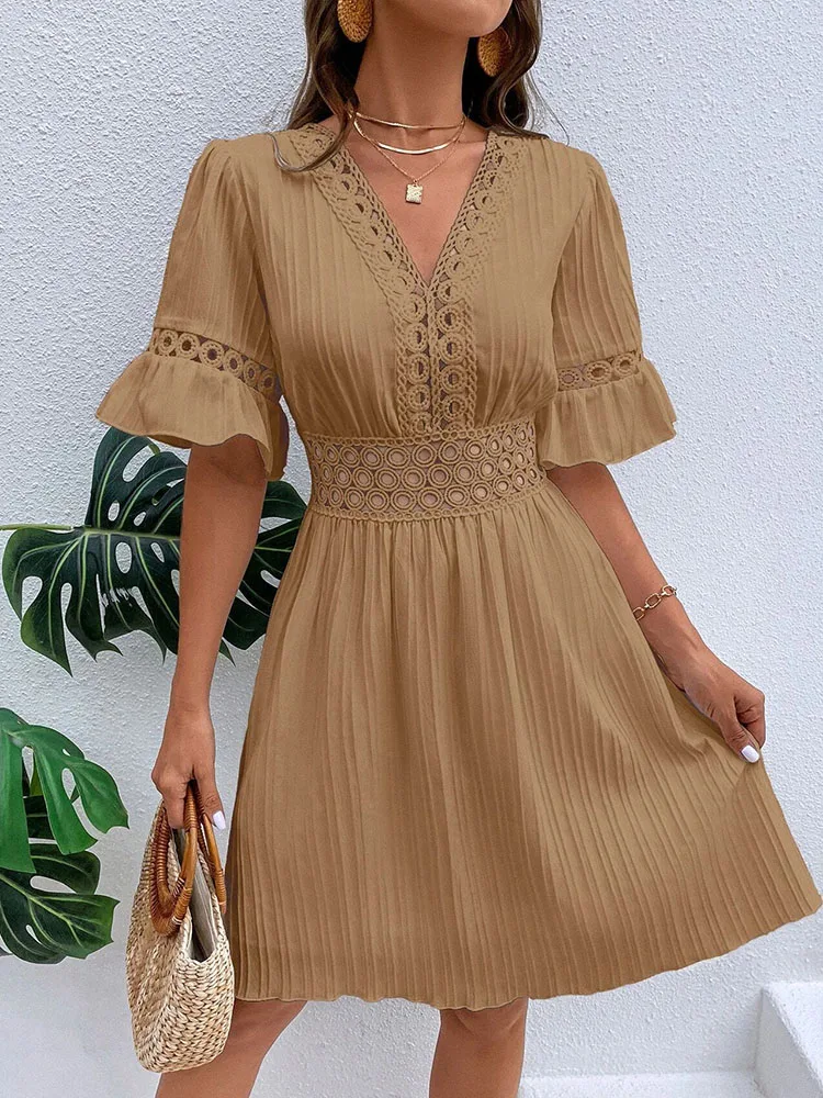 Elegant Women White Midi Summer Dress Lace Patchwork Hook Flower Hollow Short Sleeve Fashion V-neck Party Dresses For Women New