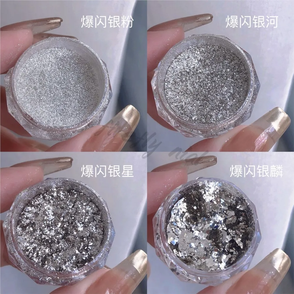 1Jar Sparking Galaxy Silver Glitter Nail Powder Shining Magic Mirror Powder Manicure Slice Flake Nail Art Chrome Pigment Sequins