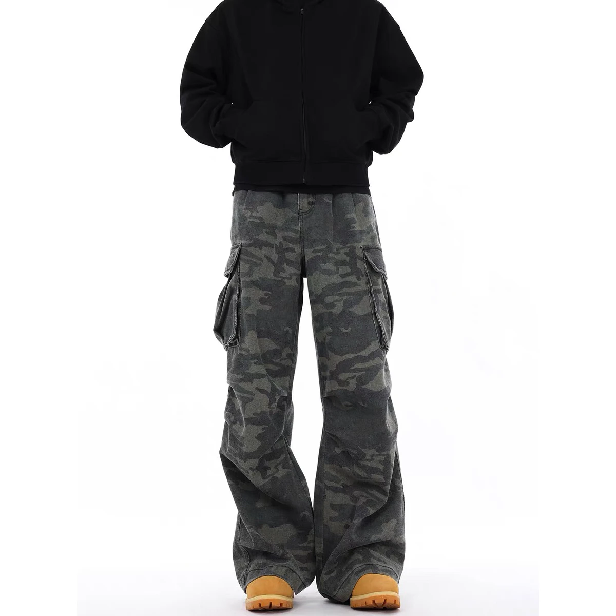 

American Retro Folded Camouflage Workwear Jeans Men's Design Sense Multi ket Loose Straight Leg Wide Leg Long Pants