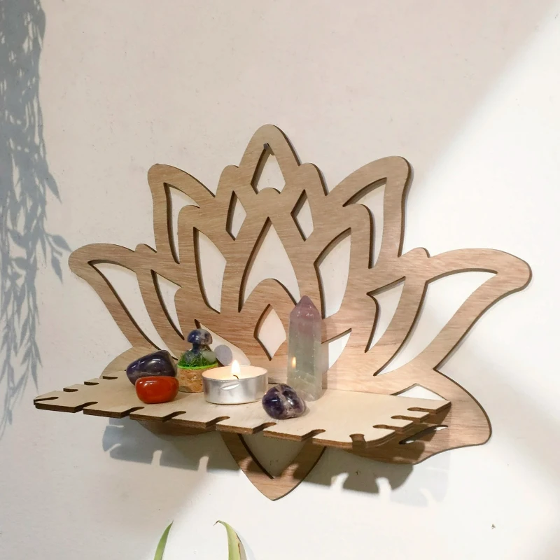 Hollow-Out Design Wooden Lotus Crystal Display Stand Holder Shelf for Healing Stones Essential Oils