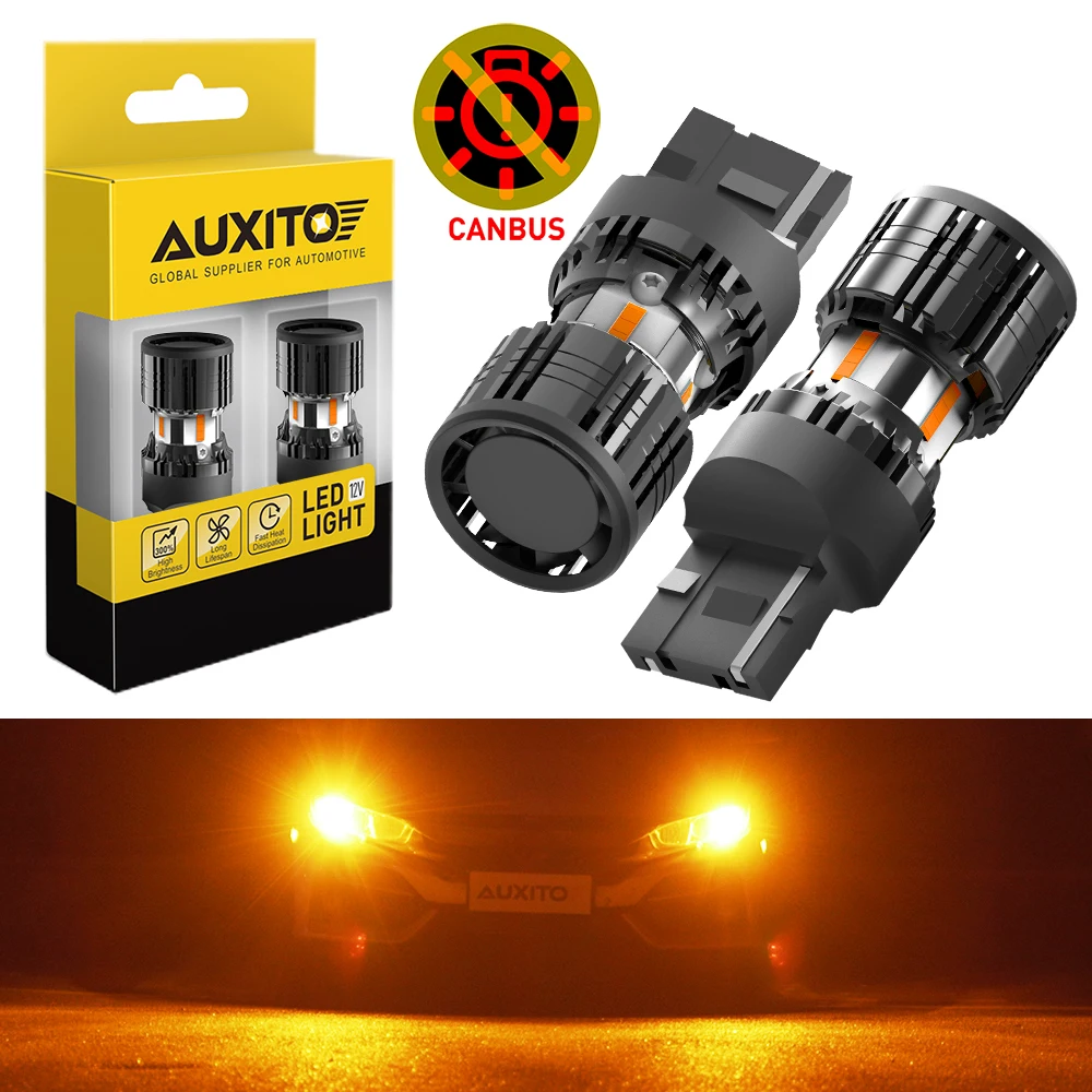 AUXITO 2Pcs No Hyper Flash T20 7440 LED Canbus W21W WY21W 7440NA Żarówki kierunkowskazów LED bez błędów z wentylatorem Lampa samochodowa Bursztynowa