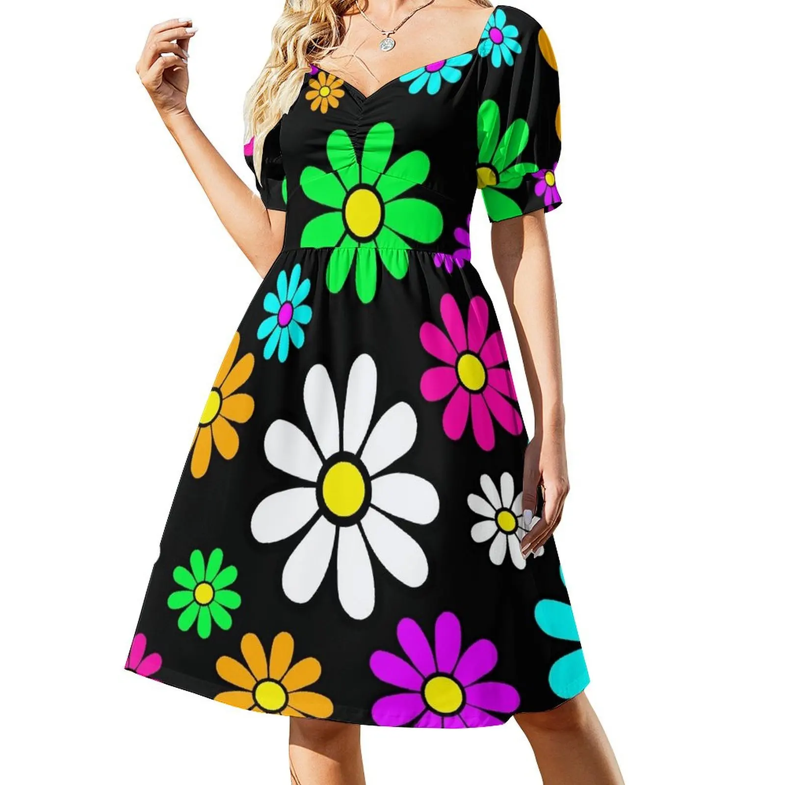 

Hippie Groovy Daisies Flowers Happy Flowers Pattern Short Sleeved Dress Dress for girls beach outfits for women Dress