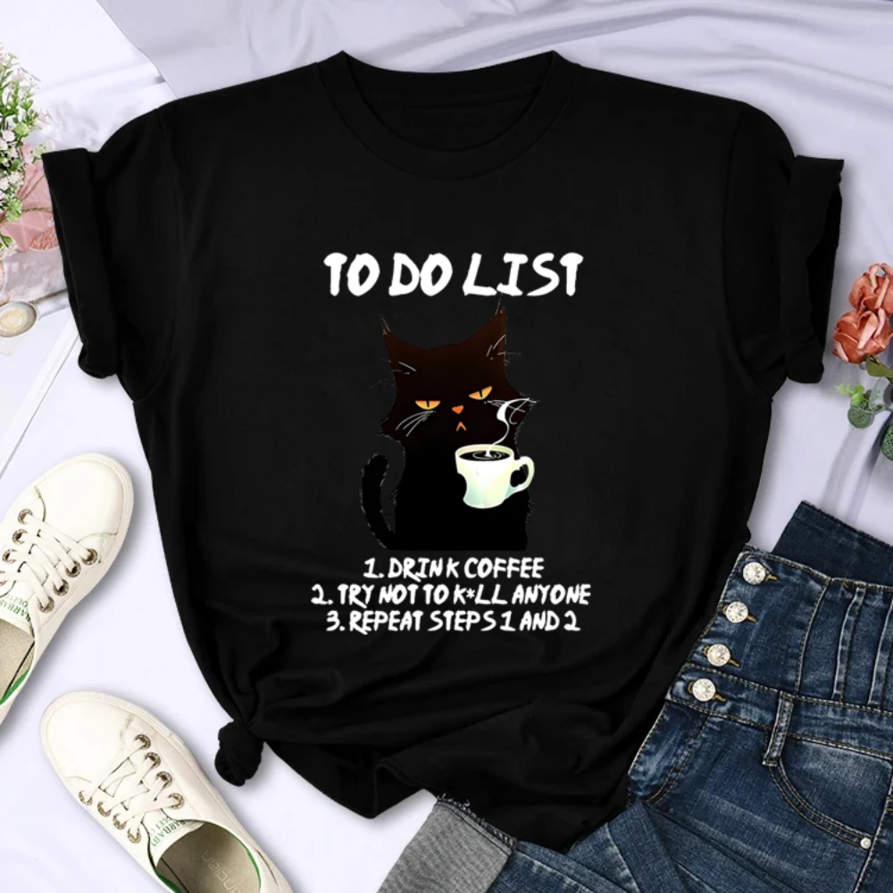 

T-shirt Fashion Harajuku T-shirts Men Brand T-shirt Black Cat To Do List Graphic T Shirts Funny Cat Coffee Tshirts Tops