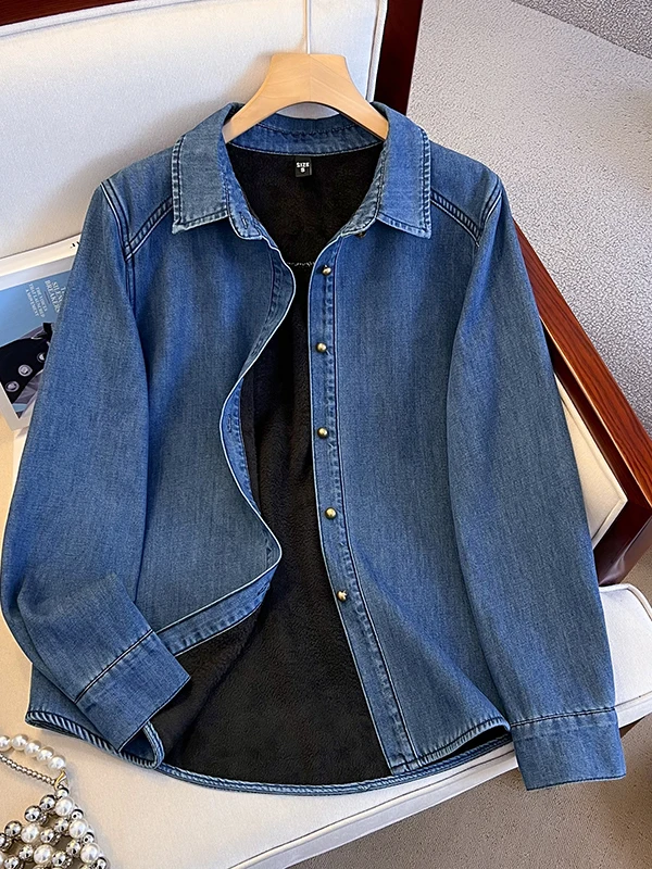 

Fce Lined Denim irt Women's Inner Wear oulder Length Regular Fit Long Sve Collar High Waist Sle Sweet