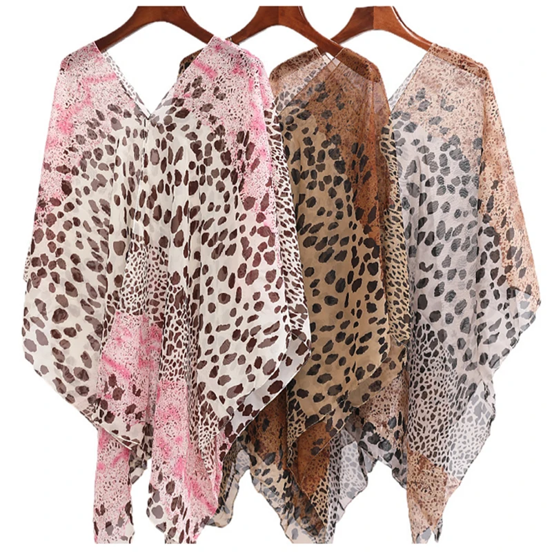 Sexy Leopard Print Silk Scarf Summer Thin Cardigan Beach Towel Chiffon Transparent Sunscreen Shawl Waistcoat Sun Blouse T77