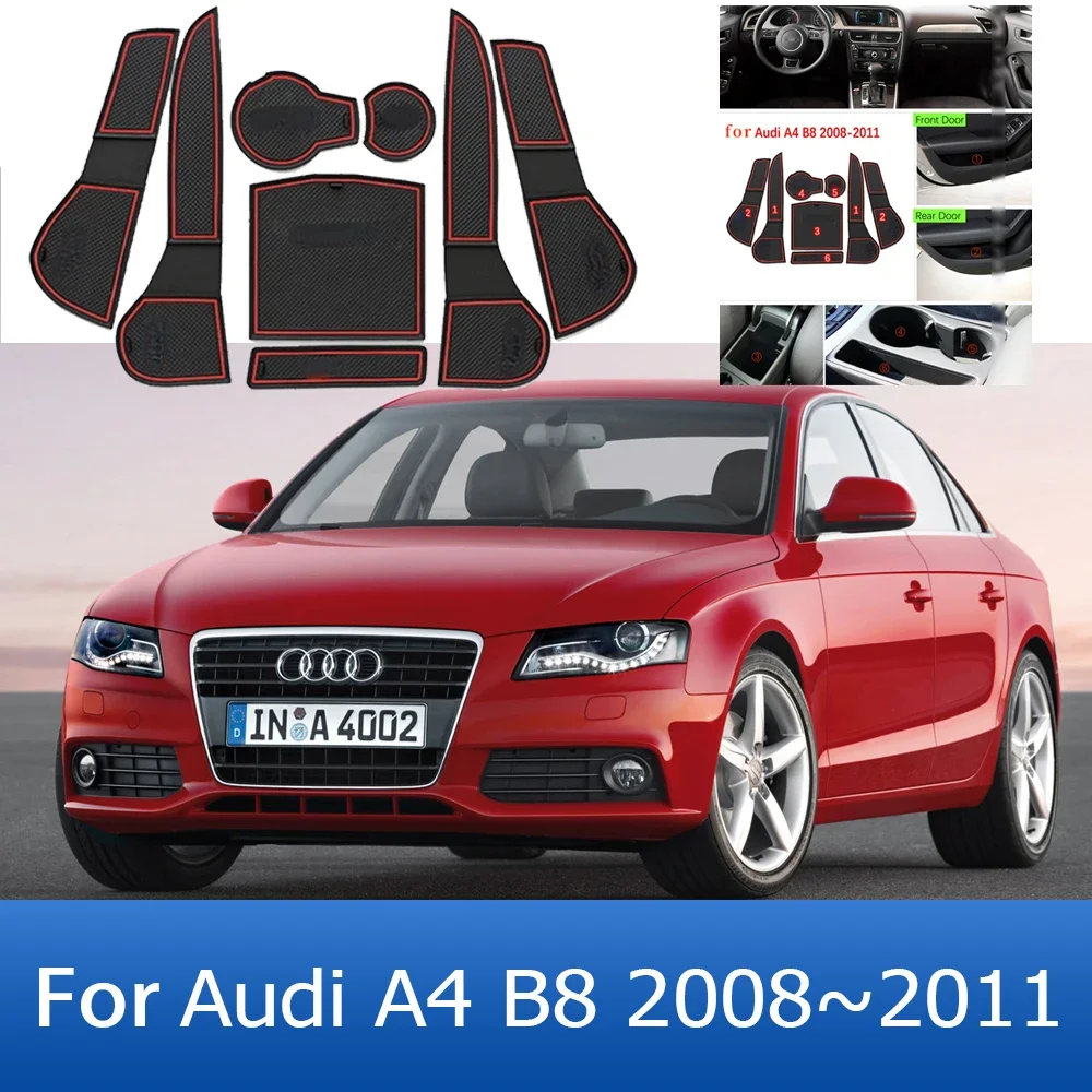 

For Audi A4 B8 8K 2008 2009 2010 2011 Anti-Slip Rubber Gate Mat Cup Groove Pad Hole Cushion Slot Coaster Sticker Car Accessories
