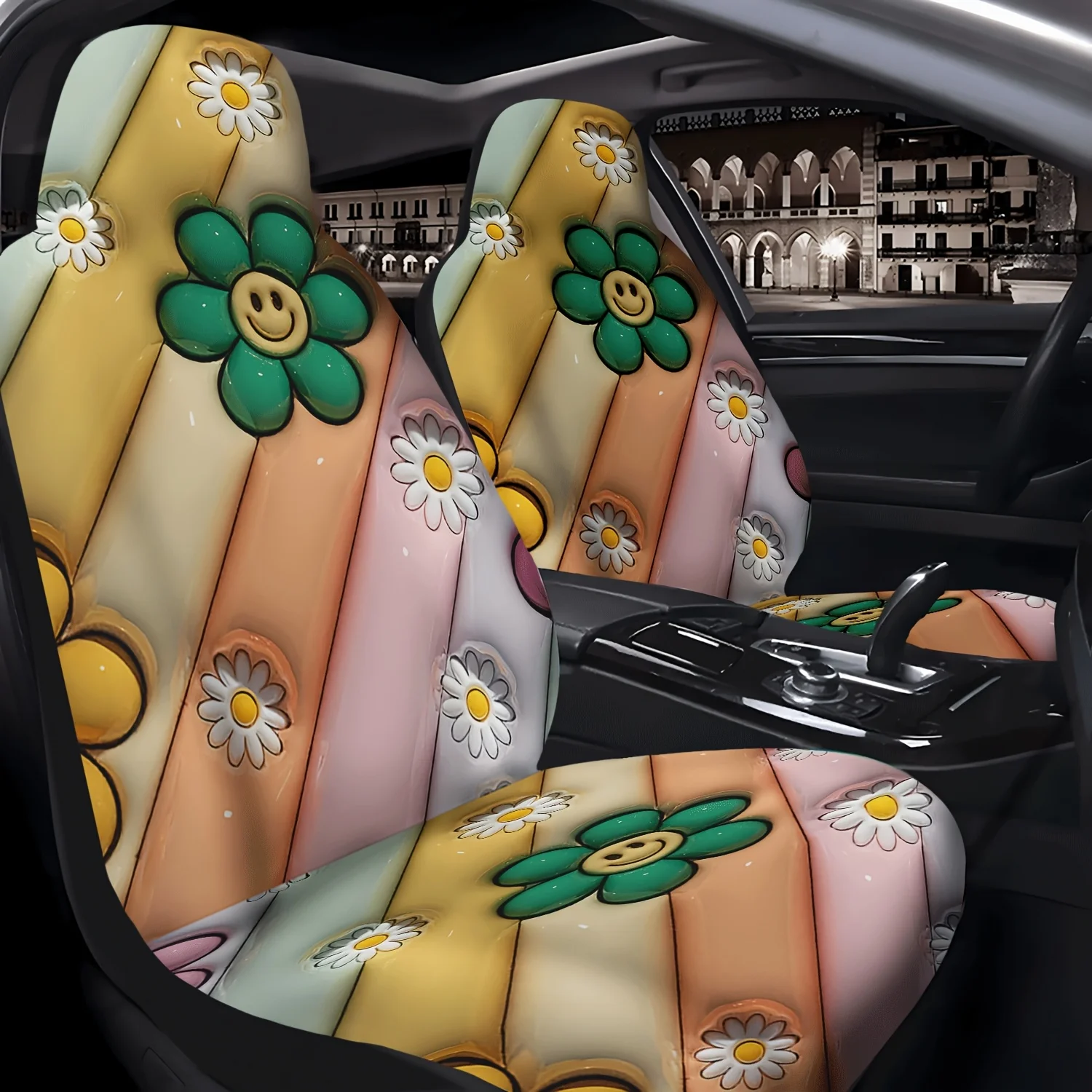 2pcs Car Front Seat Covers With Daisy Flower Print, Durable Front Seat Protectors For Sedan, SUV, And Truck, Unisex, Vehicle Int