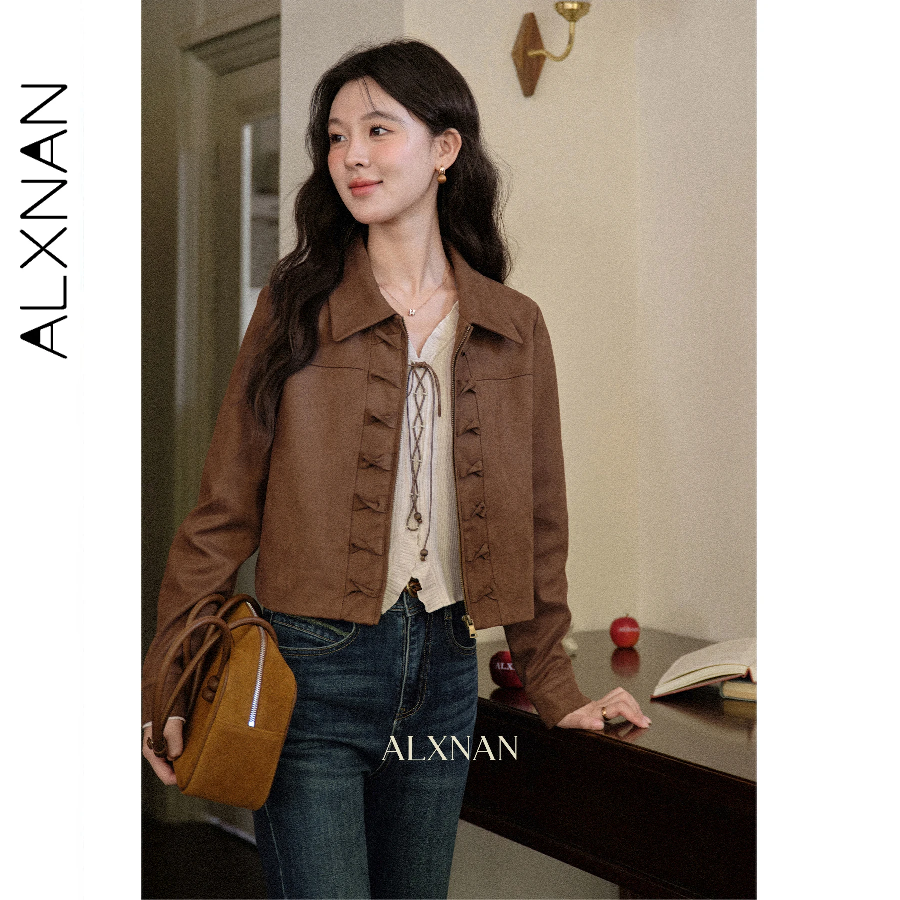 

ALXNAN Brown Jacket Women's Lapel Bow Placket Short Coats 2025 Autumn Winter Elegant Fashion Vintage Long Sleeve Coats L569158