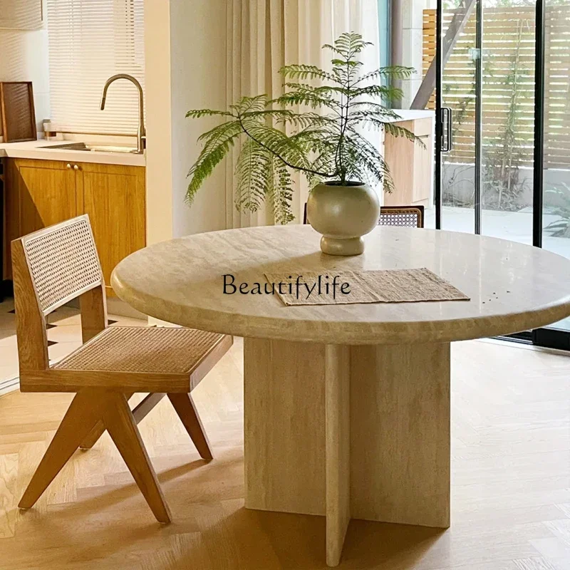 

LJY*Wabi Sansan minimalist style natural travertine round dining table small apartment dining table