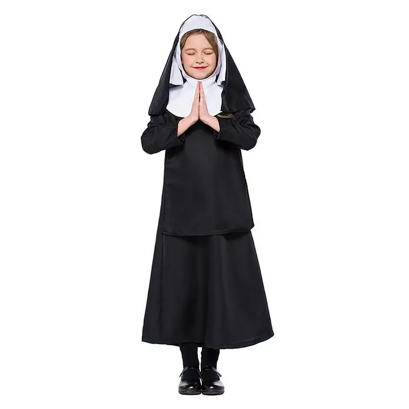 

The Nun Costume Nun Habit Dress Nun Headpiece Child Cross Pattern Embroidery Girls Cosplay Nun Halloween Outfit Carniva Girls