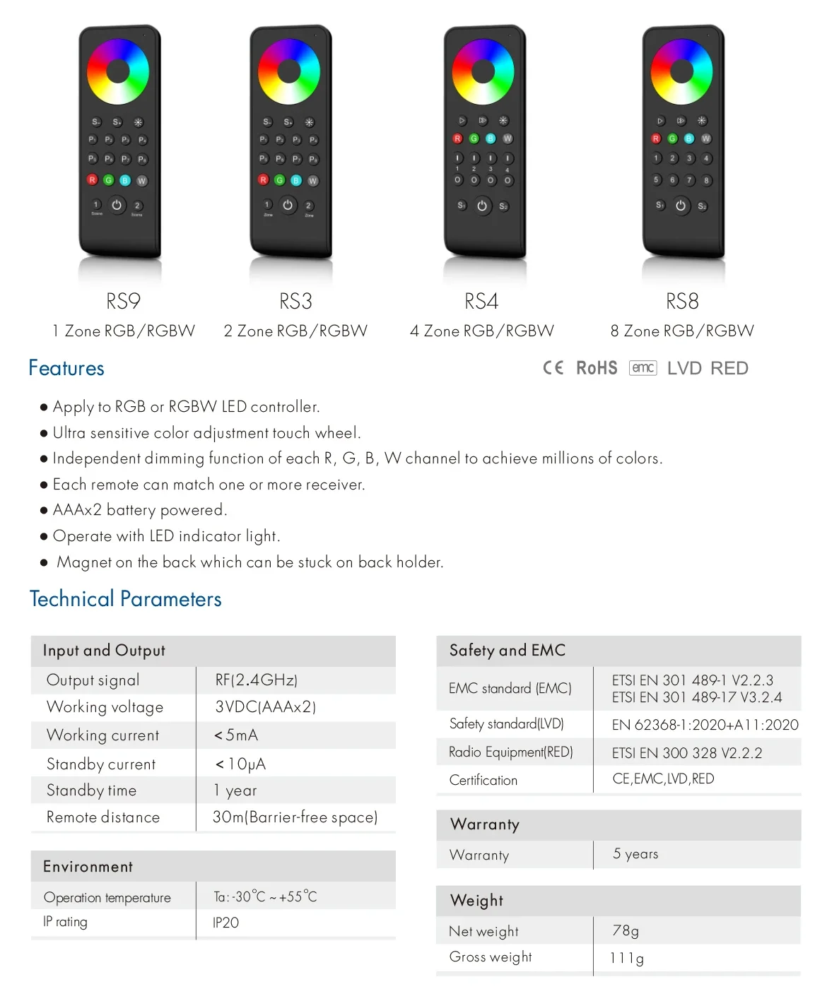 RS1/RS2/RS3/RS4/RS6/RS8/RS9/RS10 1/2/4/8 Zone Single color/Dual color/RGB/RGBW/RGB+CCT 2.4G RF Remote Controller for Led Strip