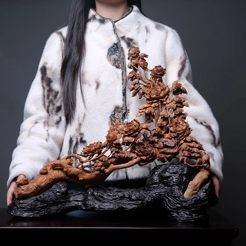 sandalwood handmade statue, indoor entrance, home furnishing, cultural and play ornaments, collections, flowers bloom and wealth