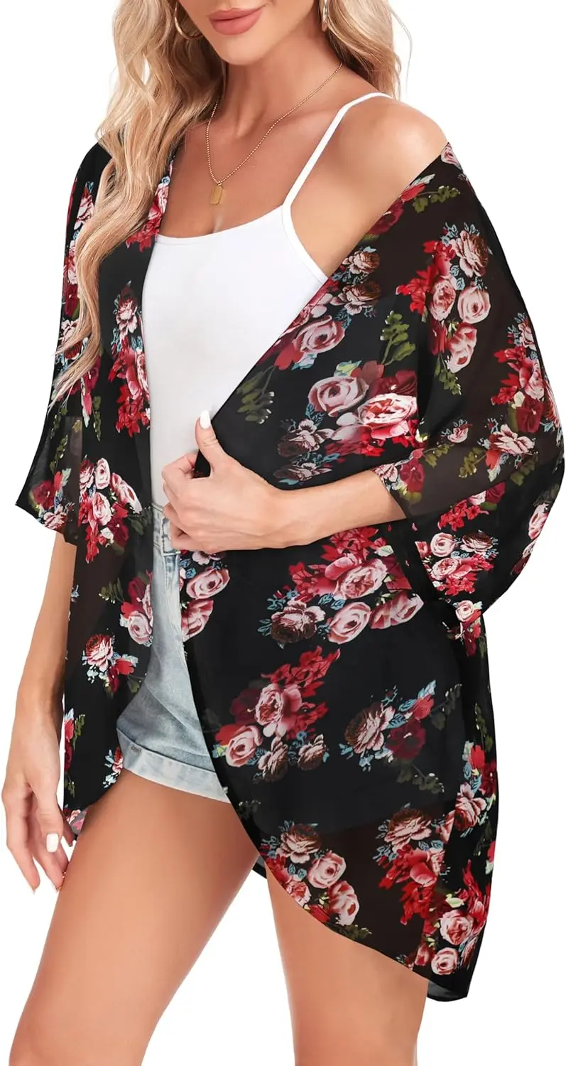 Women\'s Plus Size Floral Print Lightweight Chiffon Kimono Cardigan Short Sleeve Loose Beach Wear Cover Up Blouse Top Plus Size