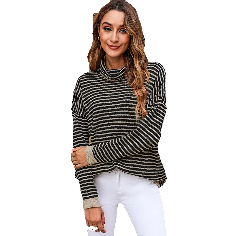 

2023 Autumn/Winter New Product Loose Stripe Lazy Sweater For Women's Casual Versatile High Collar Long Sleeve Knitwear Women