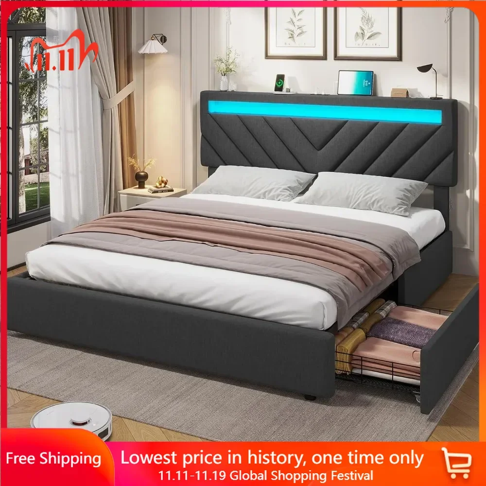 Full size bed frame, bedroom furniture, extra large platform bed frame with LED storage and drawers