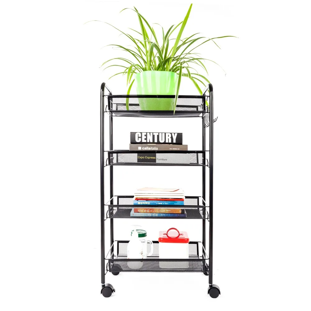 Exquisite Honeycomb Net Four Tiers Storage Cart with Hook Black Storage Easy to install Flexible wheels Shelves & Racks