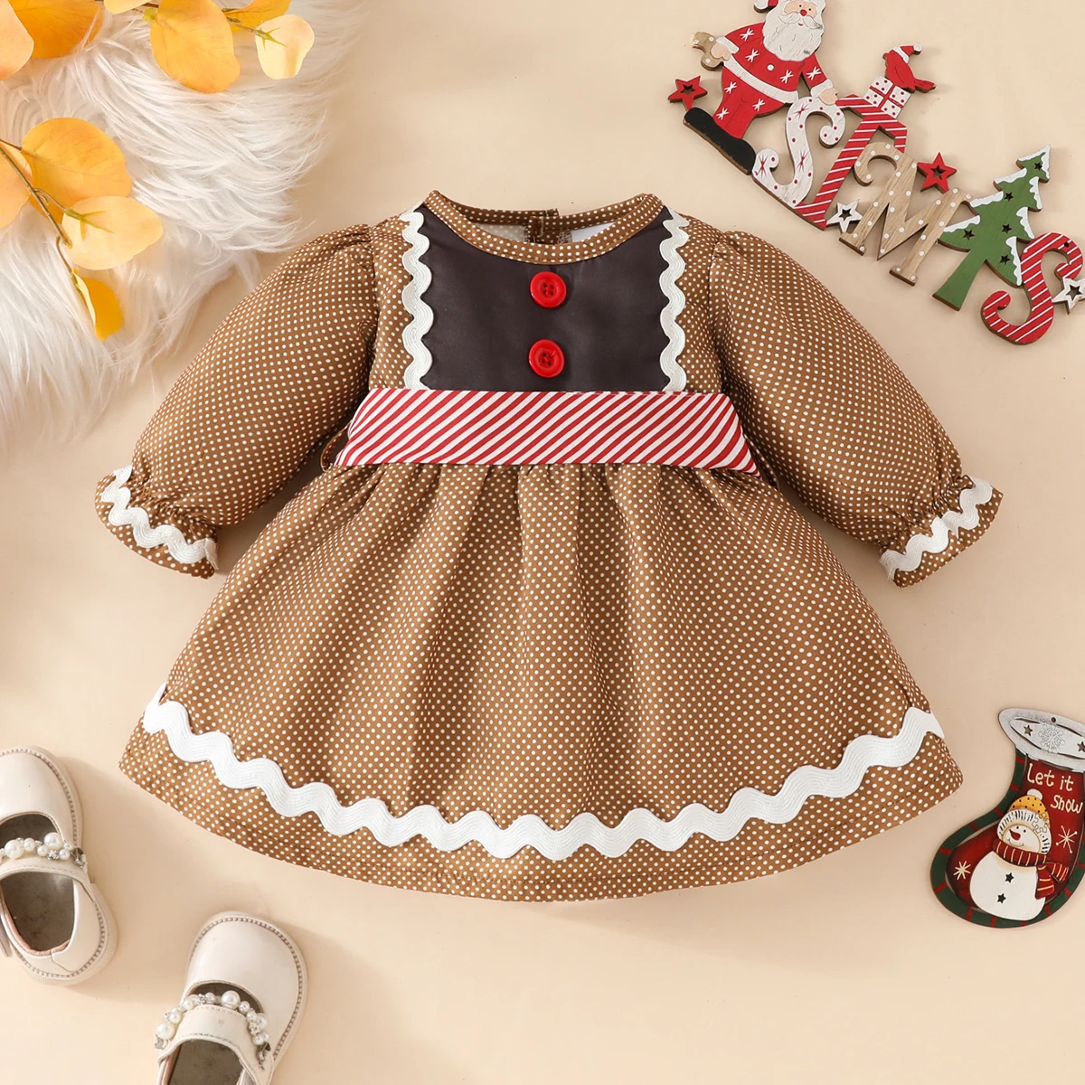 Cute Christmas Party for Girls Aged 6-48 Months in Autum with Polka Dots All over Printed Lace Splicing Back Button Long-Sleeved Dress + Belt