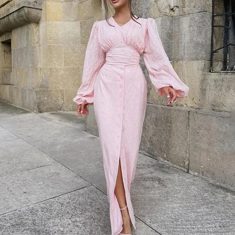 أنيقة الخامس الرقبة طويلة الأكمام الصلبة فستان طويل مثير التطريز الجوف خارج الخصر فستان الحفلات المرأة زر الموضة الدانتيل متابعة فساتين ضئيلة #5