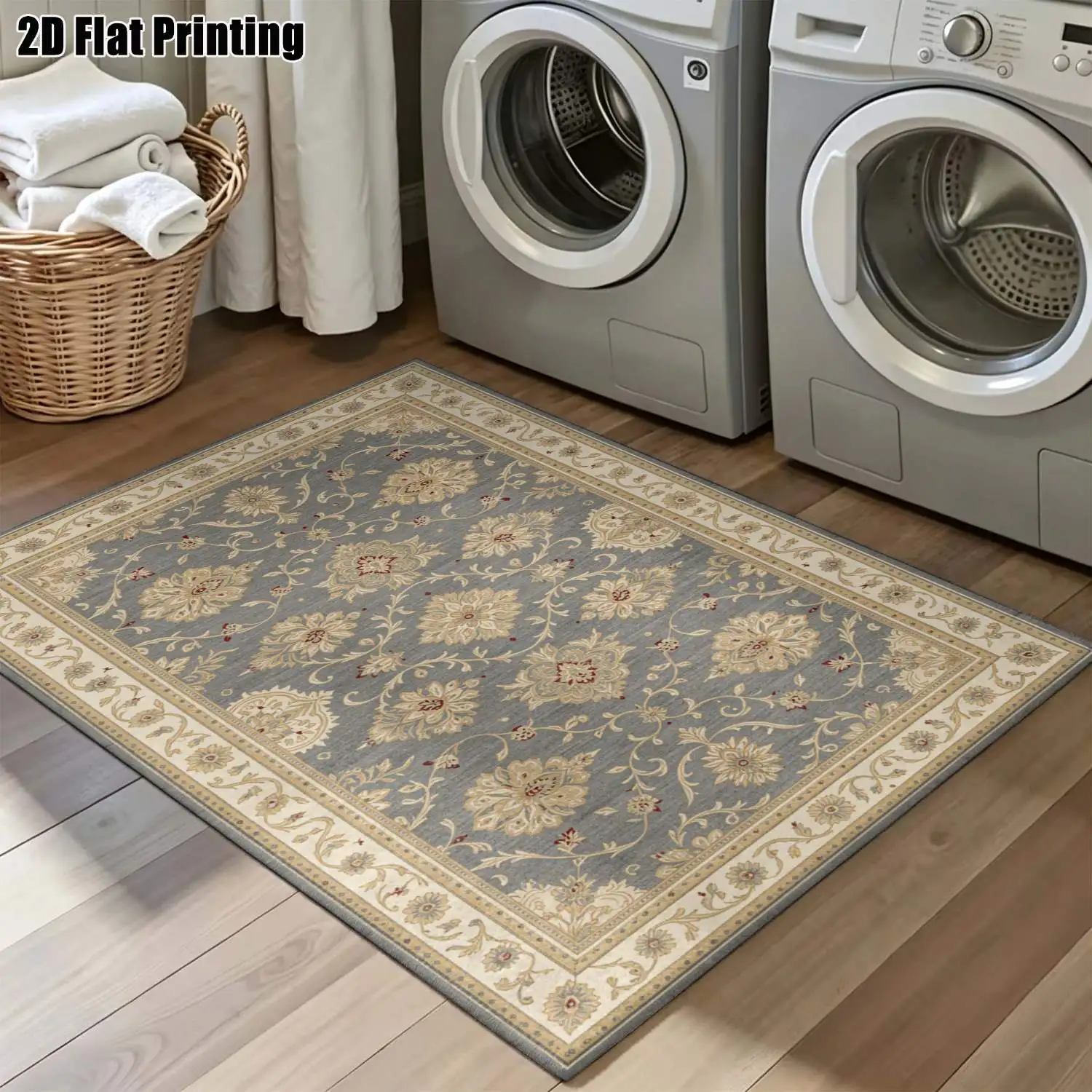 1Pc 2D Printed Carpet: Blue-Grey Retro Floral, European/Vintage/Bohemian/Geometric Styles Machine-Washable, Multi-Size, Home Decor for Entryway, Living Room, Bedroom, Dining Room, Foyer.