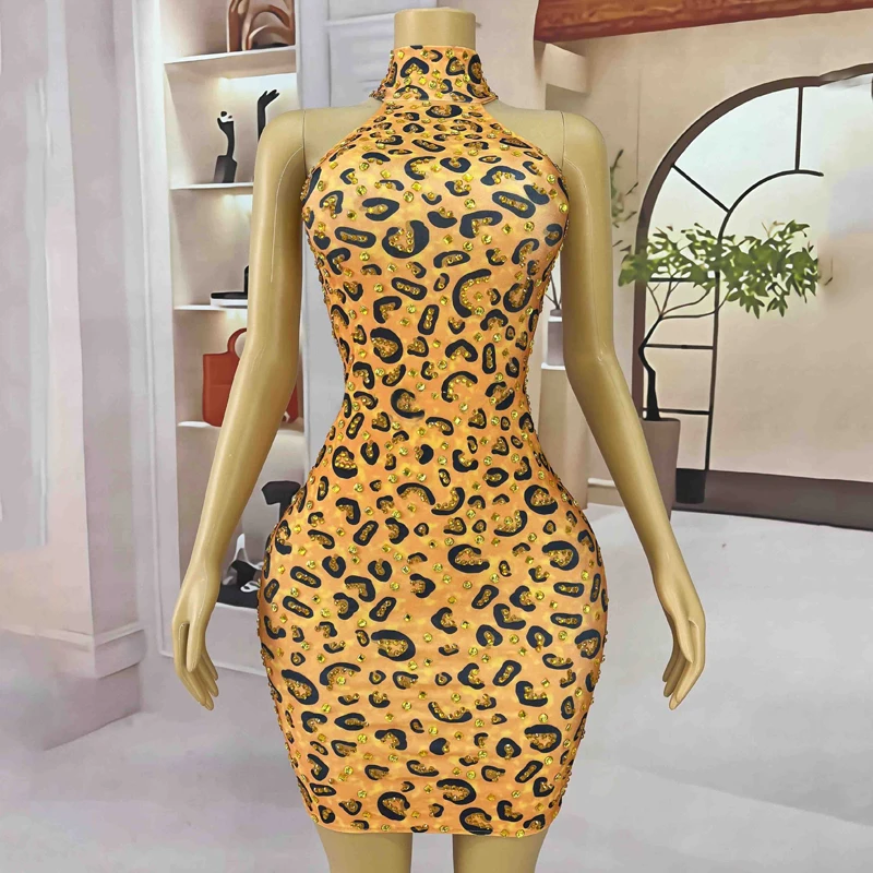 

Gold Rhinestones Leopard Festival Outfit Women Singer Party Dress Bar Ds Dj Gogo Costume Stage Catwalk Clothes Rave Wear XS9252