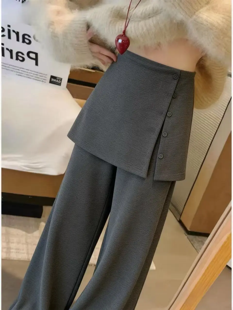 

Женские повседневные брюки с высокой талией, имитация двухслойности, свободные, прямые, в корейском стиле, для работы, однотонные, с эластичным поясом