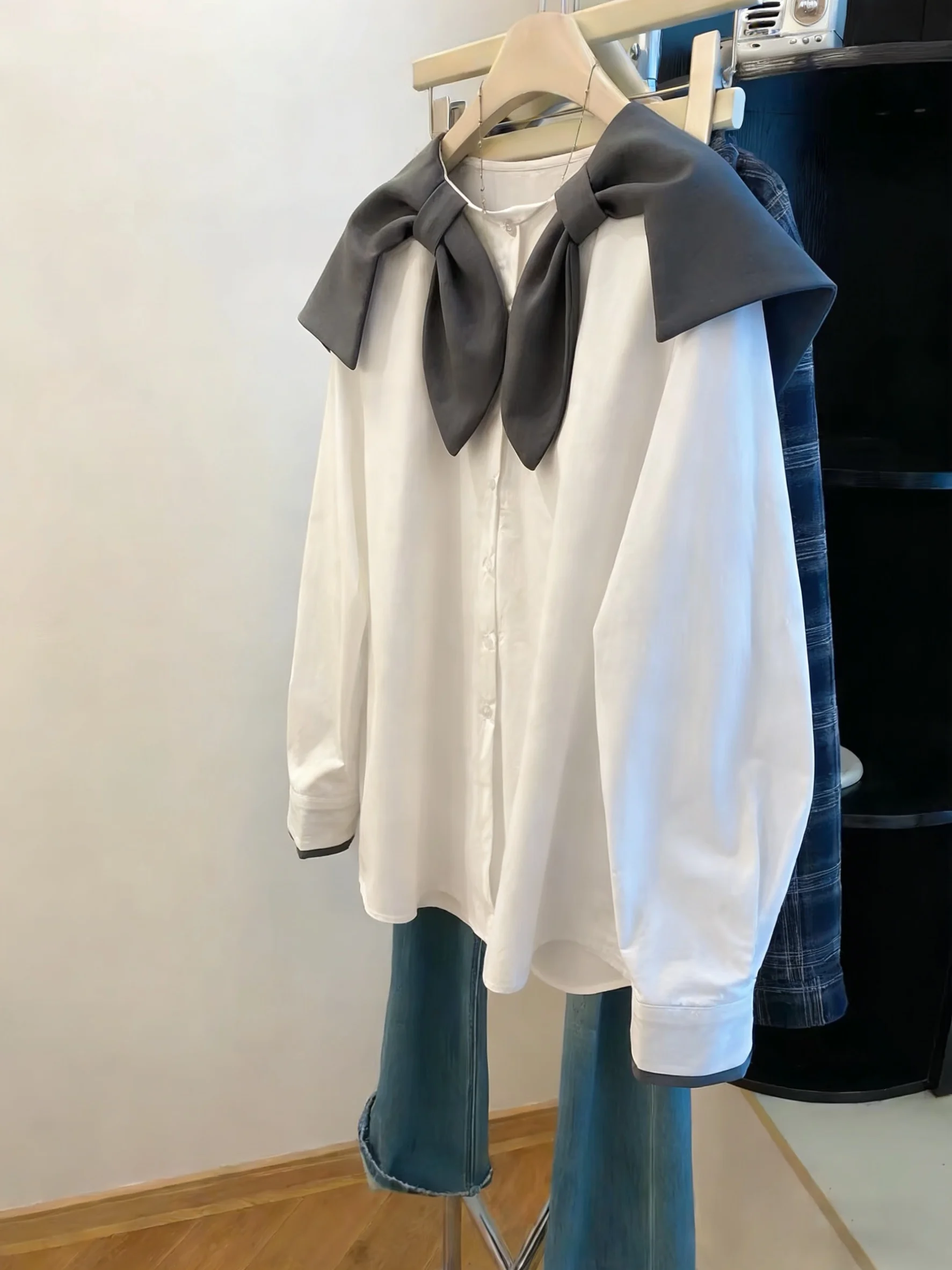 

Повседневная свободная блузка с матросским воротником для женщин, с завязками, удобная для поездок на работу, модная, весенне-осенняя.