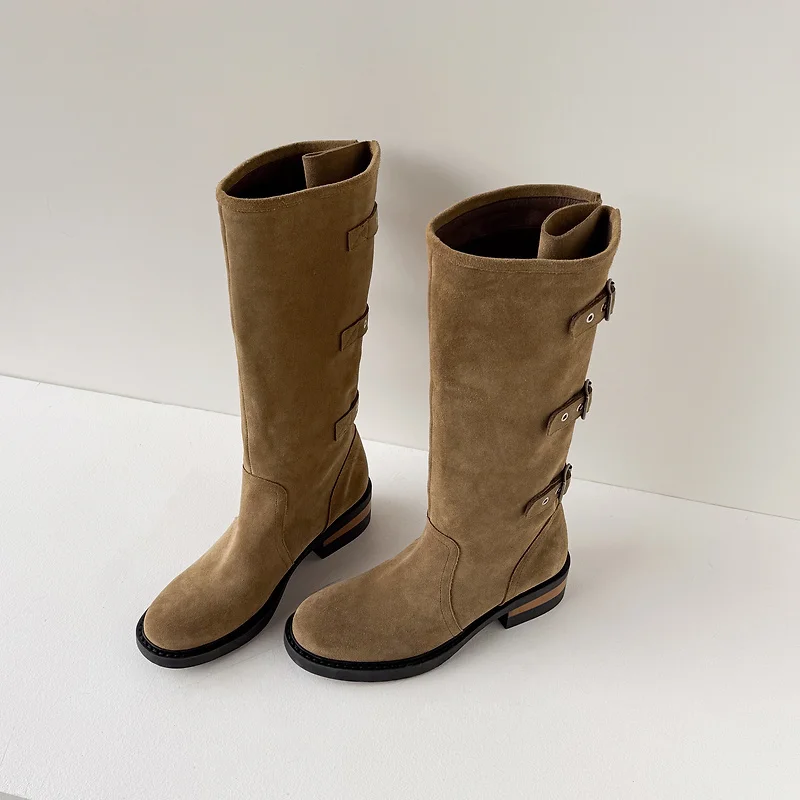 QUTAA 2027 Fashion Modern Winter Women Knee High Boots Cow Suede Mid Heel Western Woman Casual Shoes Motorcycle Long Boots 34-40