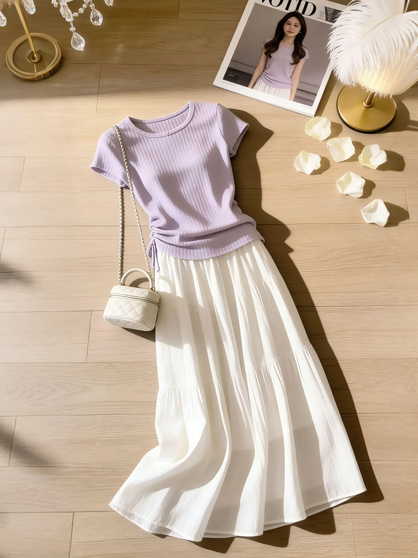 

Summer New Purple White Highlighting round Neck Short T-Shirt Women's High Waist Skirt Two-Piece Set Commute Style Casua...