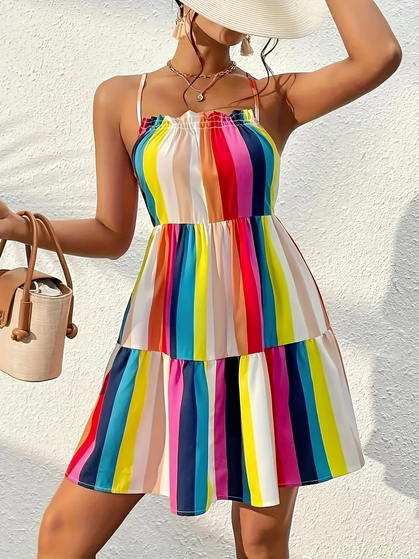 Plus size summer discount clearance holiday travel and dating must have halter dress beautiful rainbow striped print back1XL-5XL