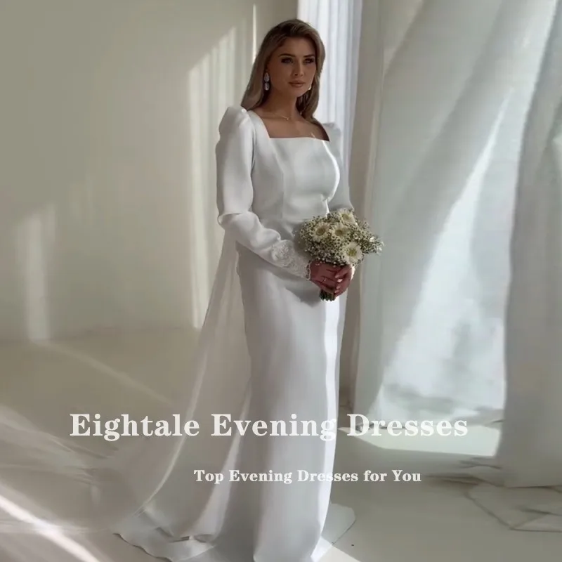 Eightale-Vestido De novia árabe De satén, manga larga, personalizado, encaje blanco marfil, sirena musulmana, Vestido De novia