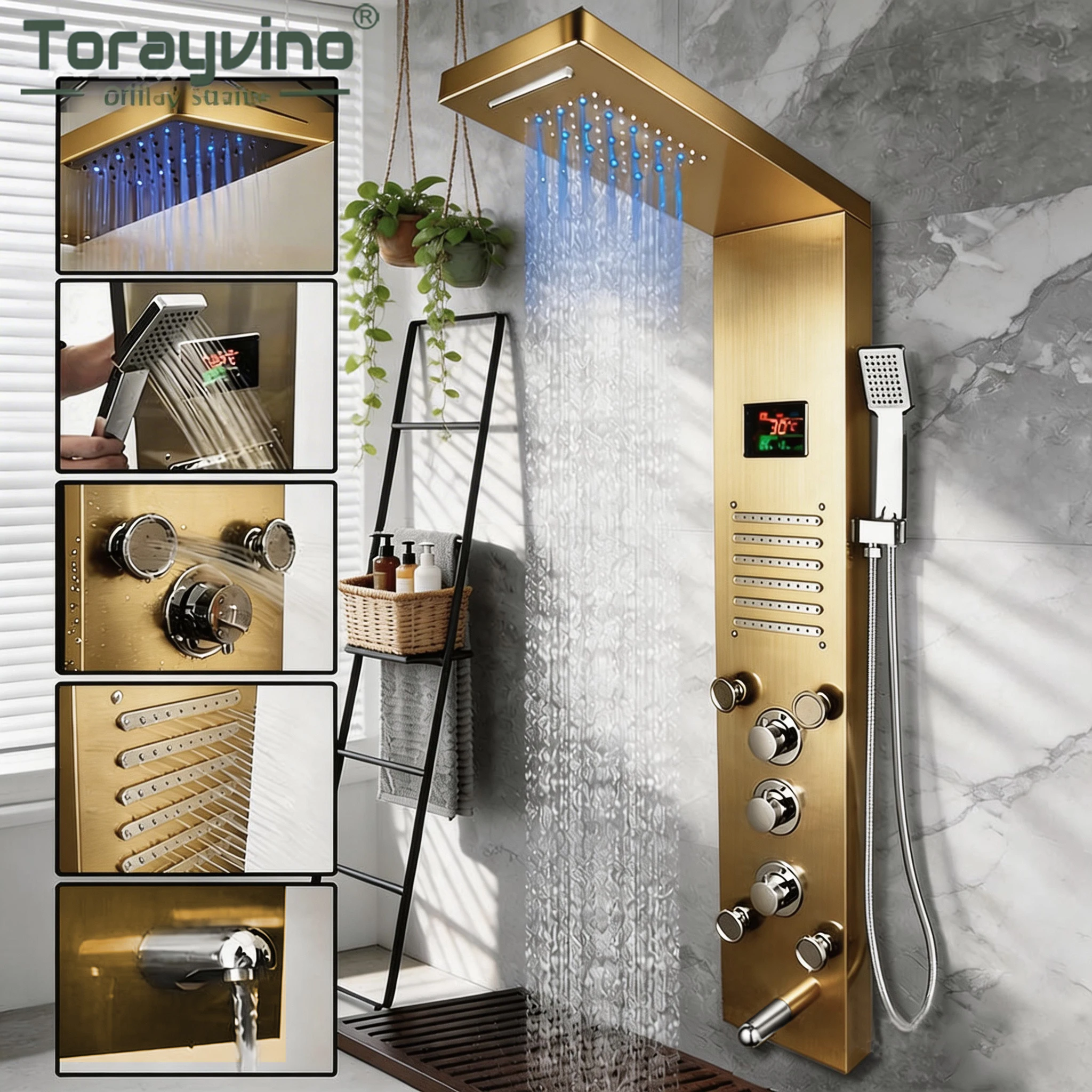 

Душевая панель Torayvino Golden с цифровым дисплеем температуры, душевой гарнитур, система дождевого и водопадного душа