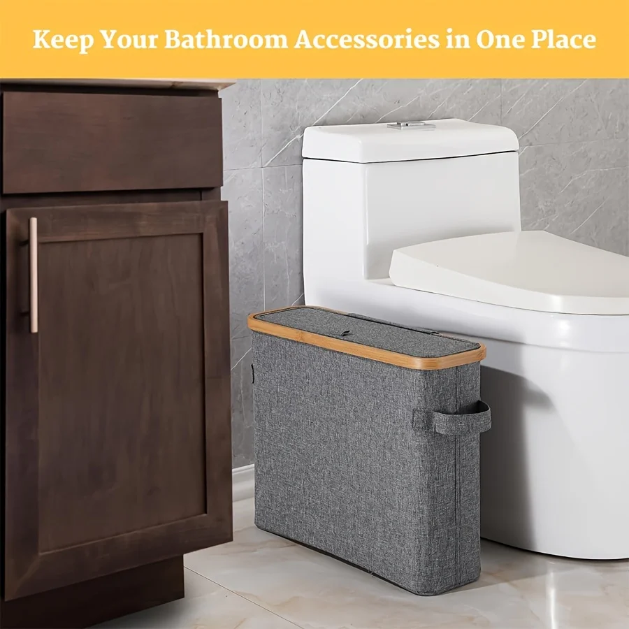 Bamboo toilet paper holder with lid - Self-contained bathroom organizer with handle, enclosed tissue storage box