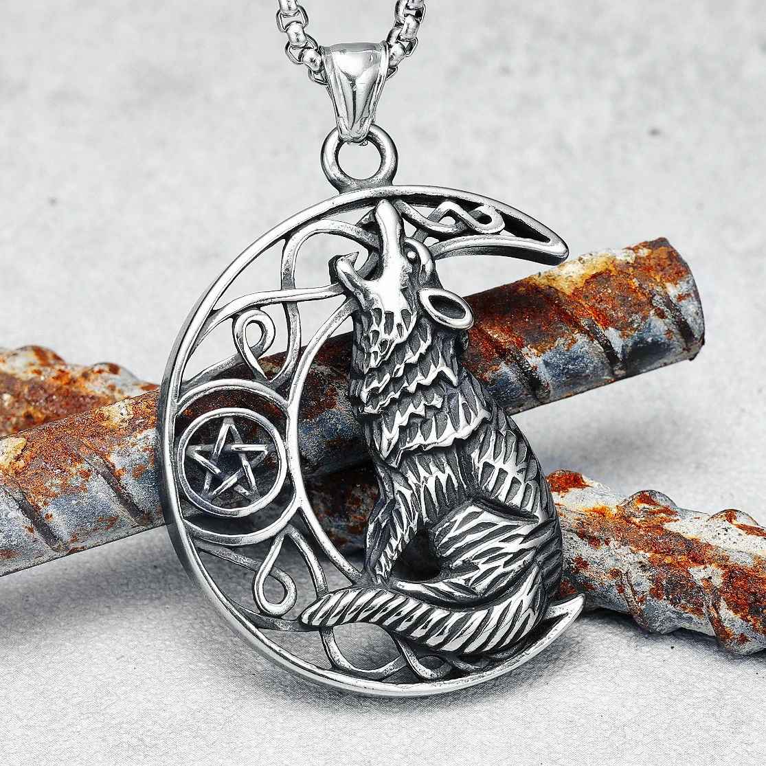 Viking Wolf Moon Necklace Men Chain 316L Stainless Steel Pendant Retro Celtic Punk Hip Hop Rap for Biker Male Jewelry Gift