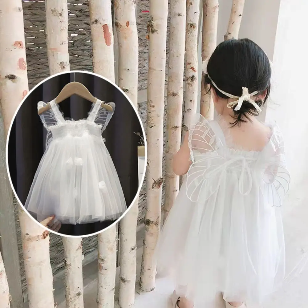 

Elegant Lace-up Baby Girl Princess Dress Sleeveless Sweet Baby Girl Bubble Dress Casual Lace Butterfly Wing Pettiskirt Kids