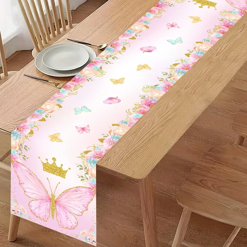 1pc Pink Butterfly Themed Polyester Table Runner Table Flag For Butterfly Birthday Baby Shower Wedding Home Holiday Table Decor