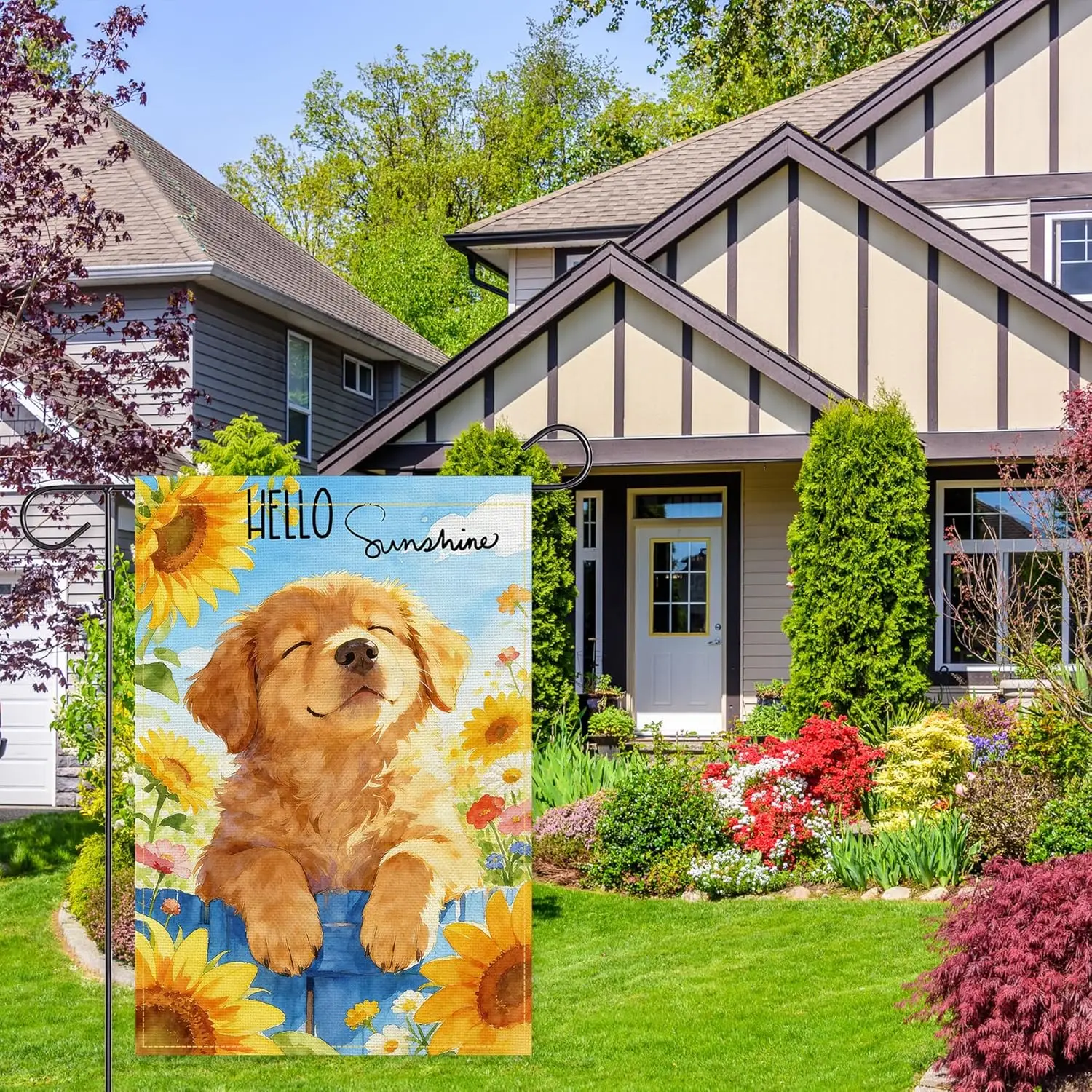 Balgardekor Hello Summer Cute Golden Retriever Dog Garden Flag Double Sided Seasonal Sunflower Yard Ourdoor Decoration 12x18 YYQ