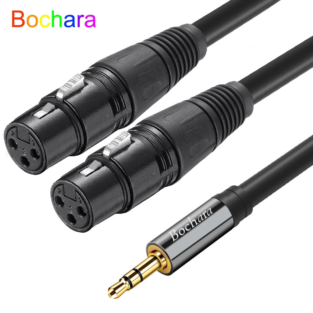 Bochara 1/8\'\' 3.5mm Stereo Jack to Dual XLR Female OFC Audio Cable Foil+Braided Shielded For Speakers 1.5m 3m 5m