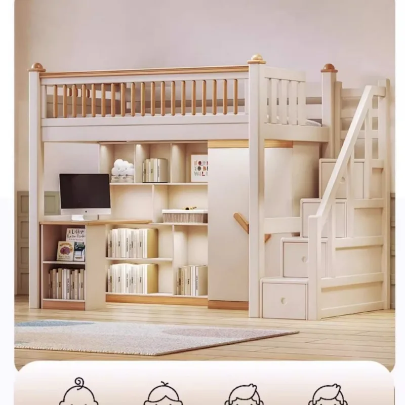 Children's desk Wardrobe integrated multi-functional combination Double-layer same width high and low bed Two-layer solid wood