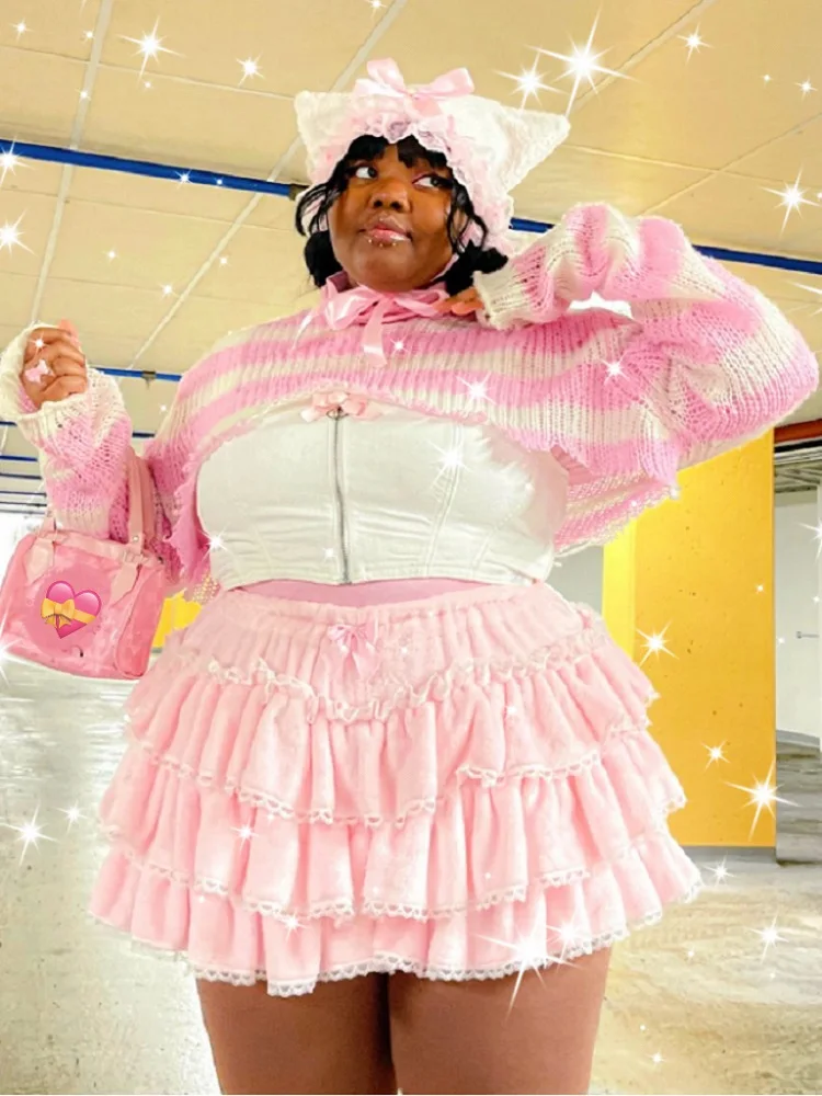 Harajuku Y2k słodkie różowe białe spodnie dyni Lolita jesienno-zimowa JK pluszowe spodenki japońskie Kawaii Ruffles latarnia szorty — zdjęcie 2