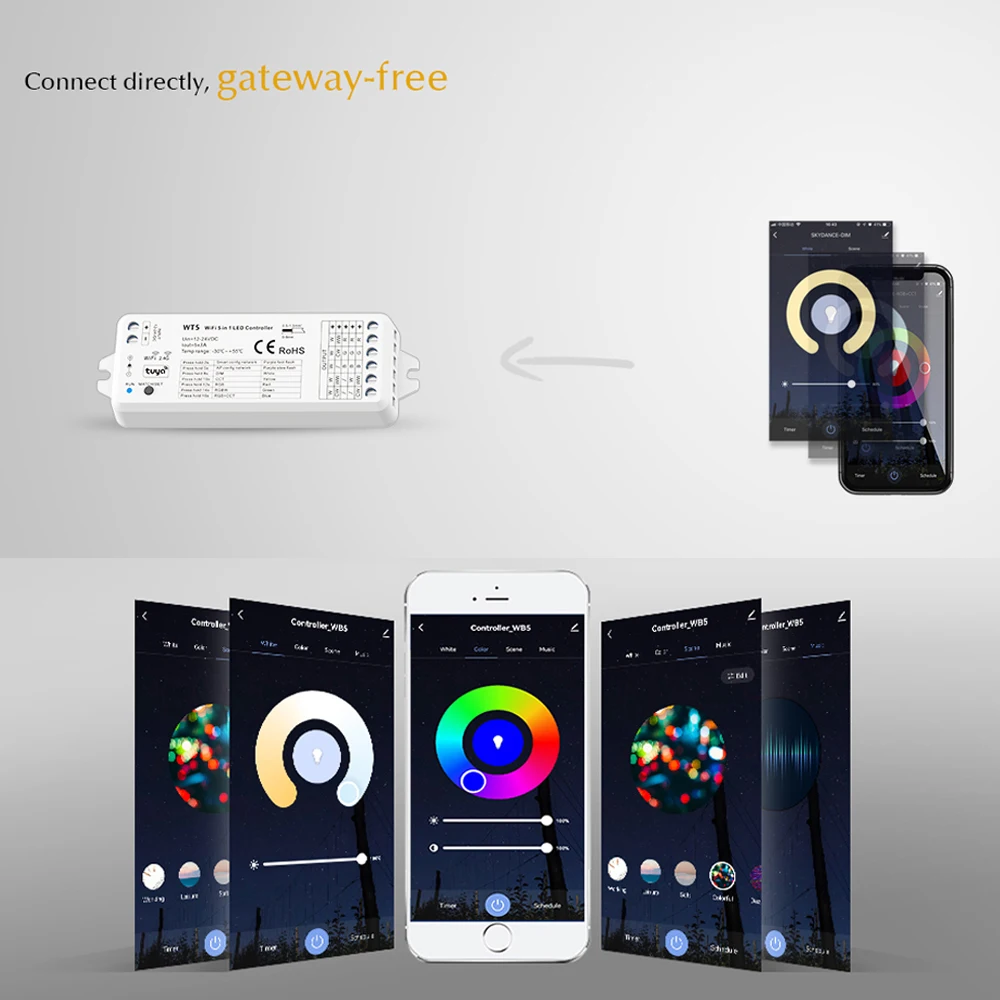 5in1 WiFi Smart LED Controller 5050 RGB+CCT RGBCW Strip Light Dimmable 12V 24V Tuya Smart Life APP Voice Control FR Alexa Google