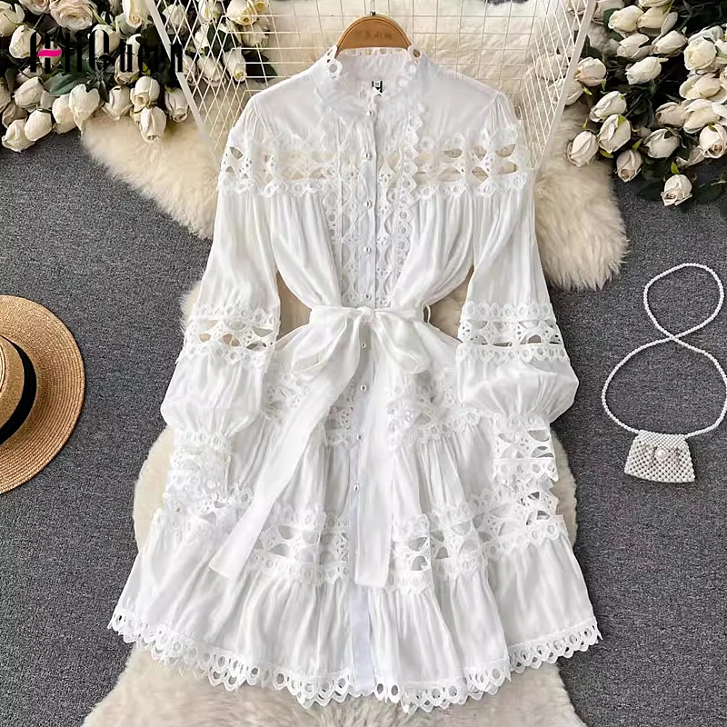 

Runway Sexy Hollow Out Lace Patchwork Mini Dresses Single Breasted Stand Neck Long Sleeve Belt Party Dress Vestido Spring Fall