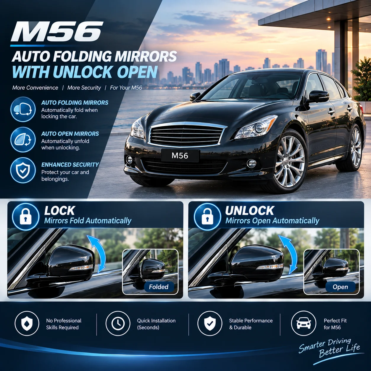 Suitable for Infiniti M56: automatic rearview mirror folding—mirrors fold upon locking and unfold upon unlocking.