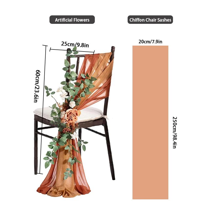 시폰 의자 새시 웨딩 의자 커버 리본, 베이비 샤워 파티 통로, 인공 꽃 의자 커버, 호텔 연회 장식, 3 개