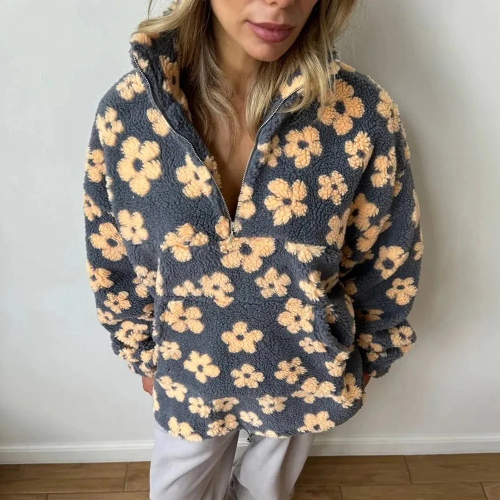 

Ticketsx Floral Print Imitation Lamb Wool Hoodie Women's Full Sleeve Zip Pocket Loose Top Lady Autumn Chic Casual Holiday Coat
